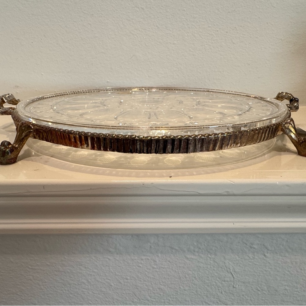 Vintage Ornate Monarch Crystal 24K Gold Plated Round Claw Foot Serving Tray - Picture 6 of 12